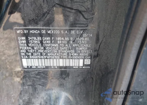 2015 Honda Fit Ex/Ex-L from USA, damaged, VIN 3HGGK5H83FM702322
